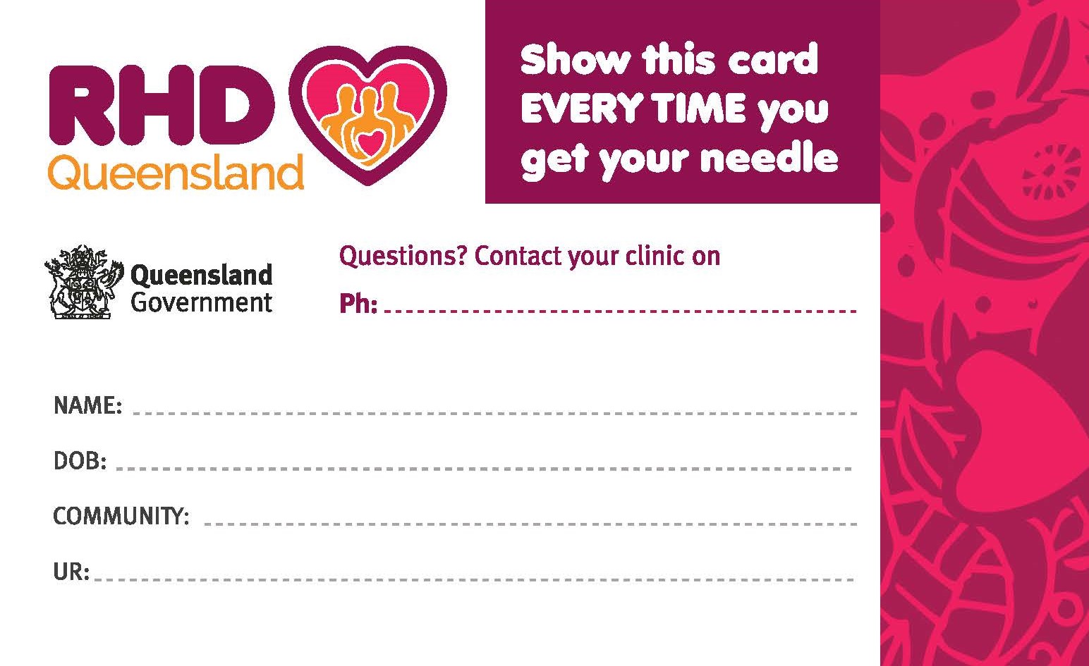 These cards are desiged to by used by health staff and people with acute rheumatic fever and rheumatic heart disease as a reminder of the date of the next penicillin injection.