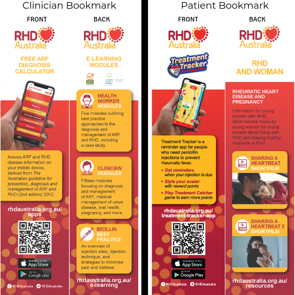 Bookmark for clinicians/health staff - features a QR code which quickly links to the ARF Diagnosis and Guideline App, and information about the RHDAustralia free e-learning modules.