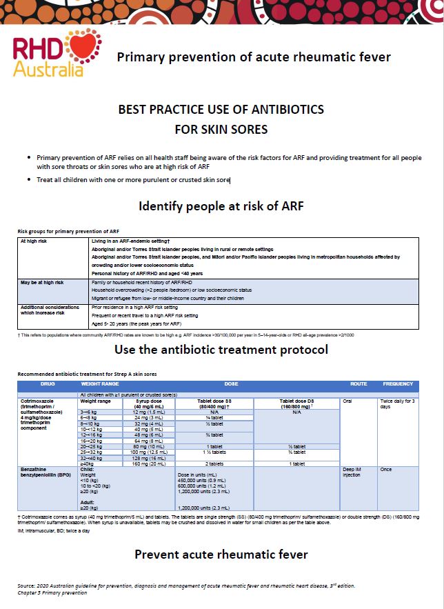 Primary prevention of ARF relies on all health staff being aware of the risk factors for ARF and providing treatment for all people with sore throats or skin sores who are at high risk of ARF.